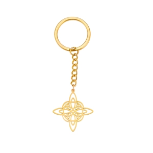 Golden stainless steel keychain with intricate Celtic knot pendant on white background