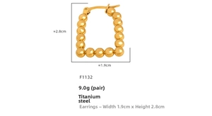 Detailed view of U-shaped gold plated titanium earrings with metallic beads dimensions