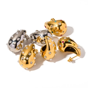 Chubby 18K gold waterdrop earrings with zircon, pearls and colorful gemstones on white background