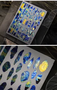 Macro detail of EM-016 starry night oil painting nail art stickers with metallic texture
