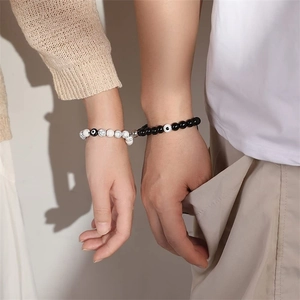 Magnetic couple bracelets with natural white turquoise and black beads with evil eye charm