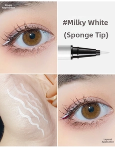 Detail of white liquid eyeliner with sponge tip showing single and layered application effects