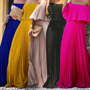Off-shoulder pleated chiffon maxi dress shown in blue, yellow, beige, black, and magenta