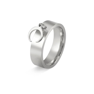 Fashion wide silver band ring featuring a crescent moon pendant on minimalist metal