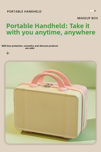 Close-up of pink and beige portable mini suitcase for makeup and skin care storage