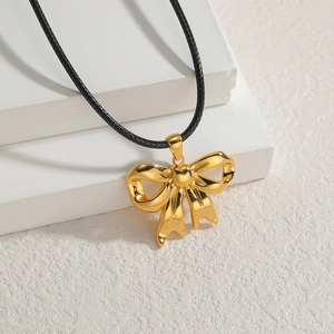 18K gold butterfly bow pendant on black wax rope necklace for stylish women