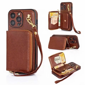 Brown leather crossbody wallet case for iPhone 15 Pro Max with zipper pouch and wrist strap
