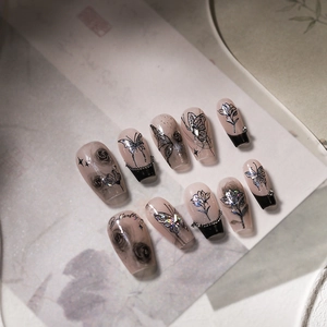 Dark aesthetic butterfly and black rose press-on nails with metal chain accents