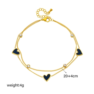 Golden double-layer stainless steel anklet with black heart charms and crystal rhinestones