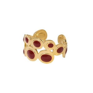 Vintage 18K gold plated hollow geometric ring with red enamel details for women