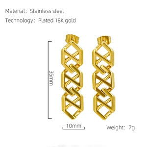 Detail view of 18K gold plated stainless steel earrings with size 35x10mm and 7g weight