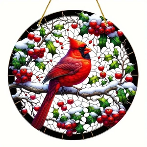 Christmas cardinal acrylic ornament with winter holly and berries in stained glass style
