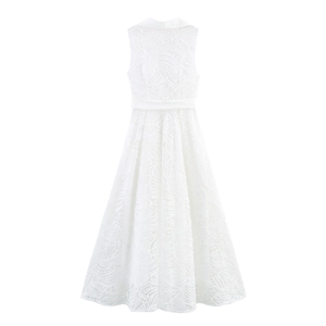Elegant white sleeveless maxi dress with lapel collar and textured jacquard pattern back
