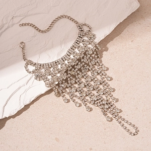 Elegant silver layered mesh finger bracelet with rhinestone tassels and waterdrop charms