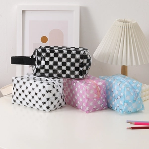 Pencil Case High Capacity Waterproof PVC Heart Checkerboard Pattern Portable Stationery Bag For Students School Office