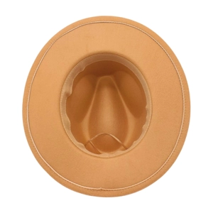 Classic camel felt fedora hat showing interior adjustable strap and sweatband detail