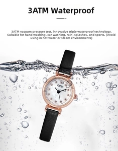 Women's watch with 3ATM water resistance shown in splashing water scene