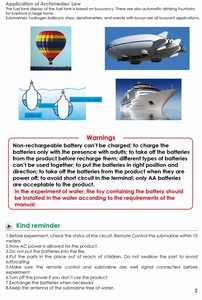Archimedes' law guide and battery safety warnings for the RC submarine science kit