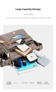 Detail view of khaki nylon crossbody bag showing spacious multi-layer storage capacity