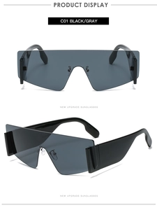 Front and side views of oversized rimless geometric sunglasses in black and gray