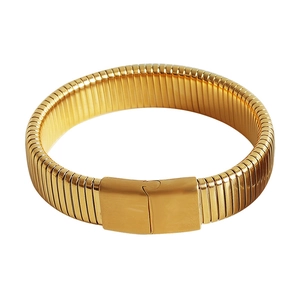 Retro gold plated stainless steel cuff bracelet with vintage tubogas ribbed texture