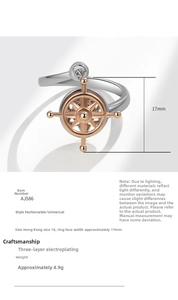 Detailed size specifications for a rotating ship wheel anxiety ring in silver and gold