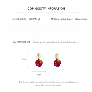 Detailed chart showing 3cm x 2cm size and 6g weight of preserved rose earrings
