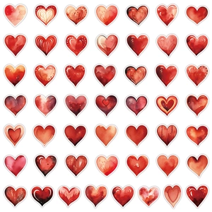 Macro view of various watercolor heart stickers in red and pink for decorative use