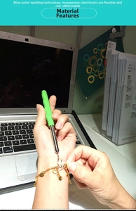 Macro shot of manganese steel bracelet fastening tool with a durable non-slip green handle