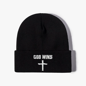 Black knit beanie hat with white God Wins embroidery and cross for men and women