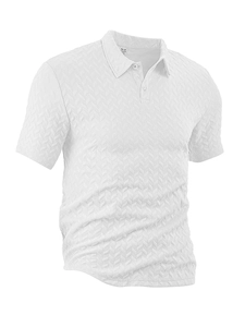 Close-up of men's white polo shirt showing breathable jacquard texture and M size label