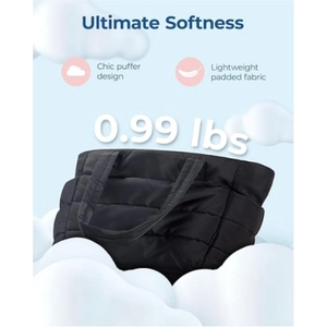 Detail view of the lightweight quilted puffer tote bag, featuring soft fabric and large capacity.