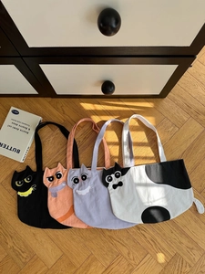 Cartoon Cat Tote Shoulder Bag Canvas Large Capacity Kawaii Animal Embroidery Handbag For Women Student Casual