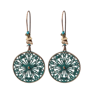 Bohemian vintage hollow geometric earrings with bronze finish and turquoise beads