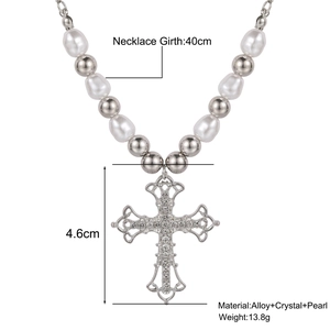 Imitation pearl necklace with sparkling rhinestone cross pendant and silver beads