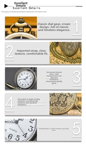 Detail view of vintage quartz pocket watch with floral bronze alloy relief and mineral glass