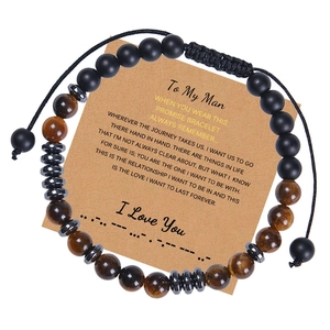 Detail of Morse code bracelet for son with natural tiger eye beads and message card