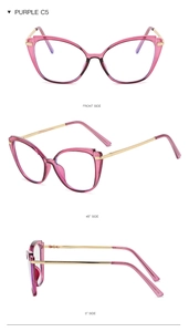 Three-view display of purple cat-eye blue light blocking glasses with gold metal temples