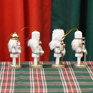 Set of four 10cm white and gold wooden nutcracker soldier Christmas tree ornaments