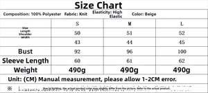Size chart for long sleeve knitted set showing polyester fabric measurements in cm