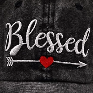 Vintage washed black cotton baseball cap with white Blessed embroidery and red heart arrow