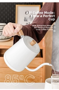 Detail of white gooseneck kettle with wood handle showing 90-degree vertical water flow