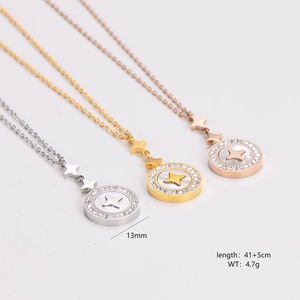 Stainless Steel Necklace Round Pendant Mother Of Artificial Pearl Shell Inlay Star Charm Halo Rhinestone Dainty Jewelry For Women