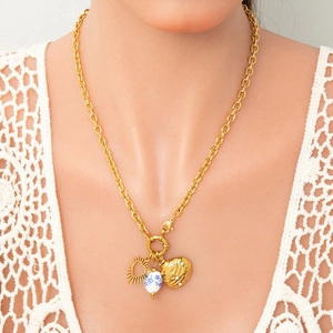 18k gold plated chunky chain necklace with heart and blue patterned teardrop charms