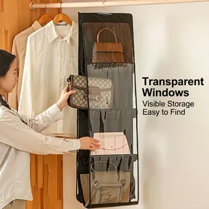 Hanging closet handbag organizer with 4 clear PVC pockets and metal hook in black
