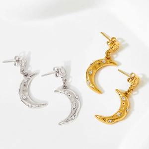 Orecchini a mezzaluna in acciaio inossidabile con zirconi in oro e argento satinato