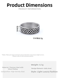 Macro detail of silver Celtic knot stainless steel ring showing 8mm width and 6.1g weight