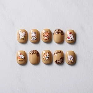 3D embossed zodiac cartoon press-on nails set with 10 khaki pieces in hand-made relief style