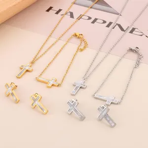 Gioielli Croce In Acciaio Inossidabile Intarsio In Madreperla Collana Bracciale Orecchini A Lobo Accessorio Moda Minimalista Per Donna