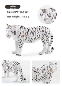 Realistic white tiger toy model with black stripes and size dimensions shown in detail